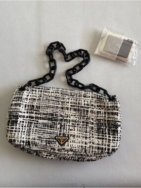 Prada Black & White Tweed Shoulder Bag with Chain Strap